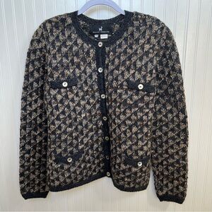 Peruvian Connection Blue/Gray & Tan Geometric Knit 100% Wool Cardigan Sweater XL